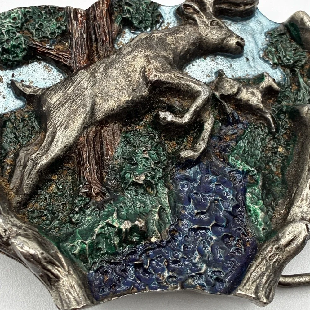 Vintage 1982 The Great American Buckle Deer Fawn Jumping Forest Belt Buckle USA